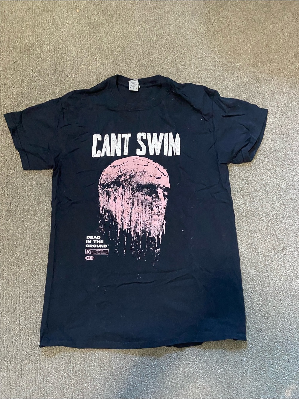 Medium “Can’t Swim” Band Black Tee with Pink Skull Graphic Print